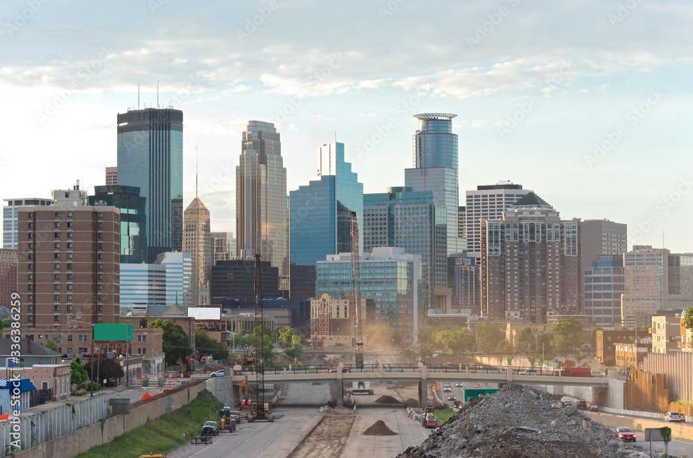 Minneapolis skyline and road construction