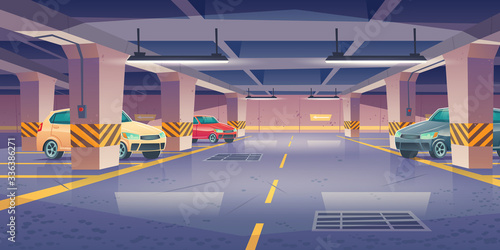 Wallpaper Mural Underground car parking, garage with vehicles and vacant places
