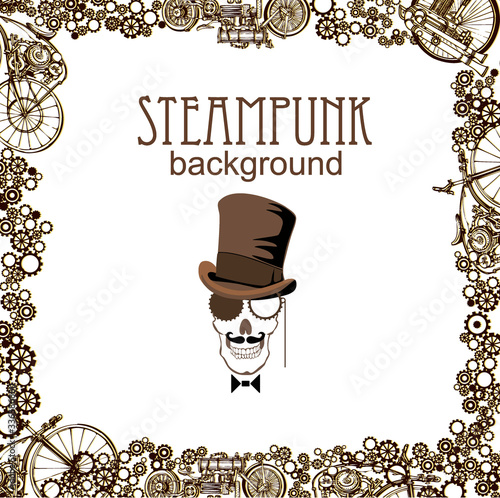 Steampunk Art Skull. Edwardian Frame Party Poster, Vector