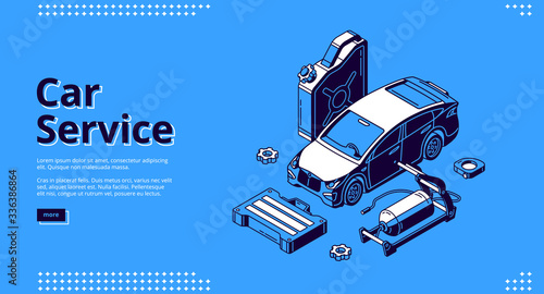 Car service banner for website. Auto maintenance, diagnostic and repair center. Vector landing page for mechanic garage, vehicle workshop with isometric icons of automobile and tools