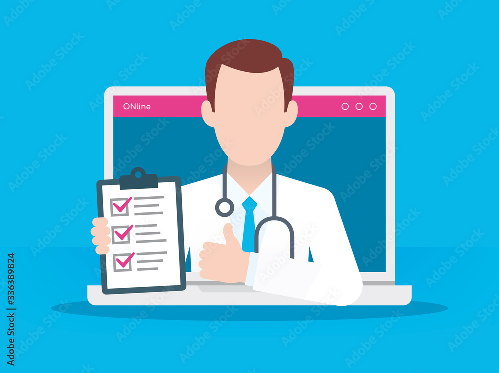 Vector man - online doctor with stethoscope in laptop. Brown hair. Blue background. Vector man - online doctor with stethoscope in laptop. Brown hair. Blue background.