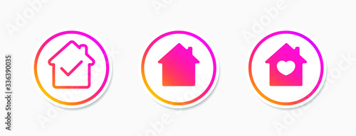 Social media sticker set in support of self-isolation and staying at home. Distancing measures to prevent virus spread. Covid19 signs. Stay home concept. Vector illustration