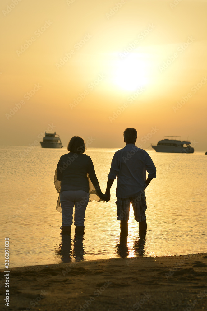 Happy elderly couple holding hands at tropical beach at sunset