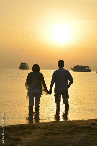 Happy elderly couple holding hands at tropical beach at sunset
