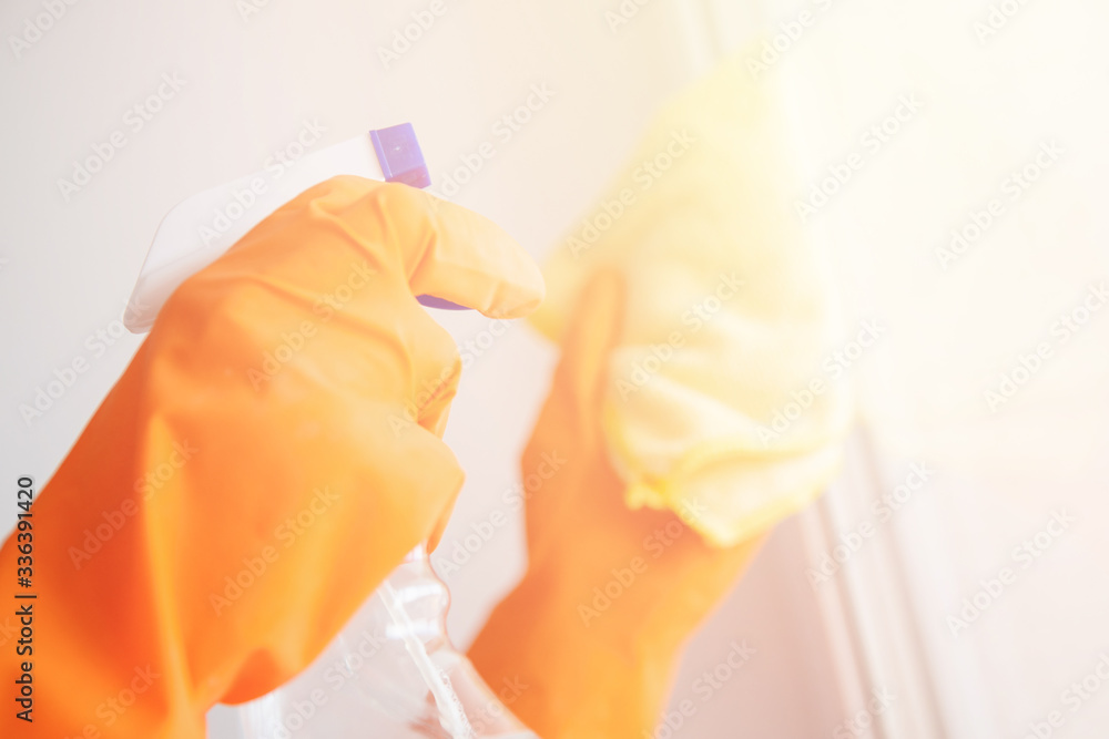 Fototapeta premium Window washing glass with cleaning agent and rag