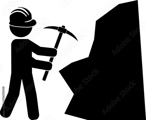 Miner with helmet using pickaxe or pick axe to hit rock, mine worker vector icon