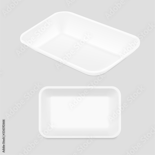 Blank tray mockup container. Top,  perspective view. Vector illustration on grey background. Template ready for your design. EPS10.	