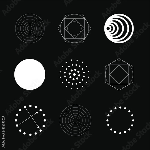 A set of timeless abstract vector, technology icons, symbols logos. Cool minimalist style geometric illustrations, design elements. Black white gray scale anthracite. Circle hexagon linear dots spiral