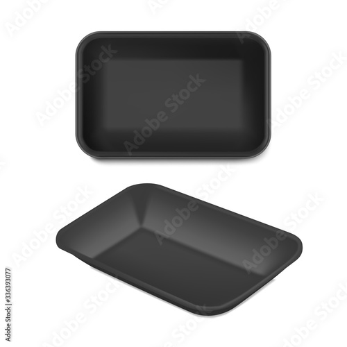 Black tray mockup container. Front, perspective view. Vector illustration isolated on white background. Template ready for your design. EPS10.	