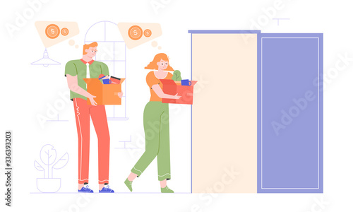 Sad man and woman lost their jobs. Colleagues leave with things from the office. Last business day. The global economic crisis. Reductions and layoffs. Unemployment. Vector flat illustration.