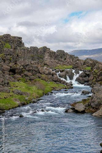 The course of the Oexara River among the lava rocks in Thingvellir National park, Iceland.