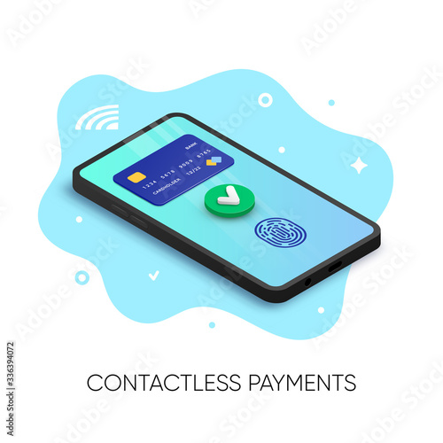 Mobile contactless payments banner isometric design. 3d Pay online concept with credit card, green yes check mark and fingerprint on smartphone screen. Vector illustration for web, app, advert