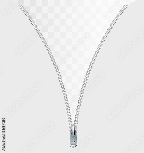 Zipper concept as an open interlocking metal fastener on clothing or garment textile as a symbol for revealing a message or discovery isolated on a white blank background.