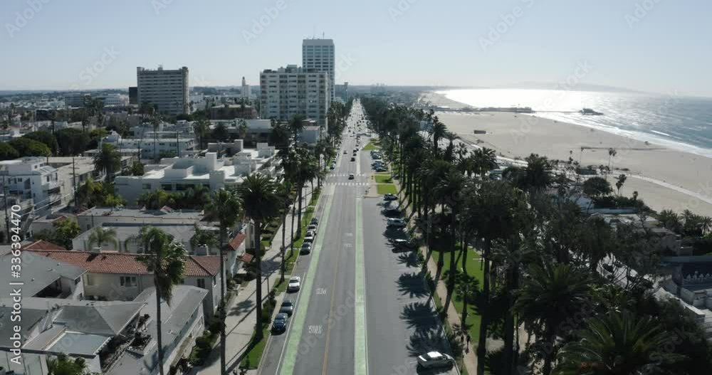 Drone shot of ocean boulevard in Santa Monica. Drone shot of ocean boulevard in Santa Monica.