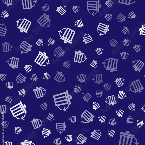 White Recycle bin with recycle symbol icon isolated seamless pattern on blue background. Trash can icon. Garbage bin sign. Recycle basket sign. Vector Illustration