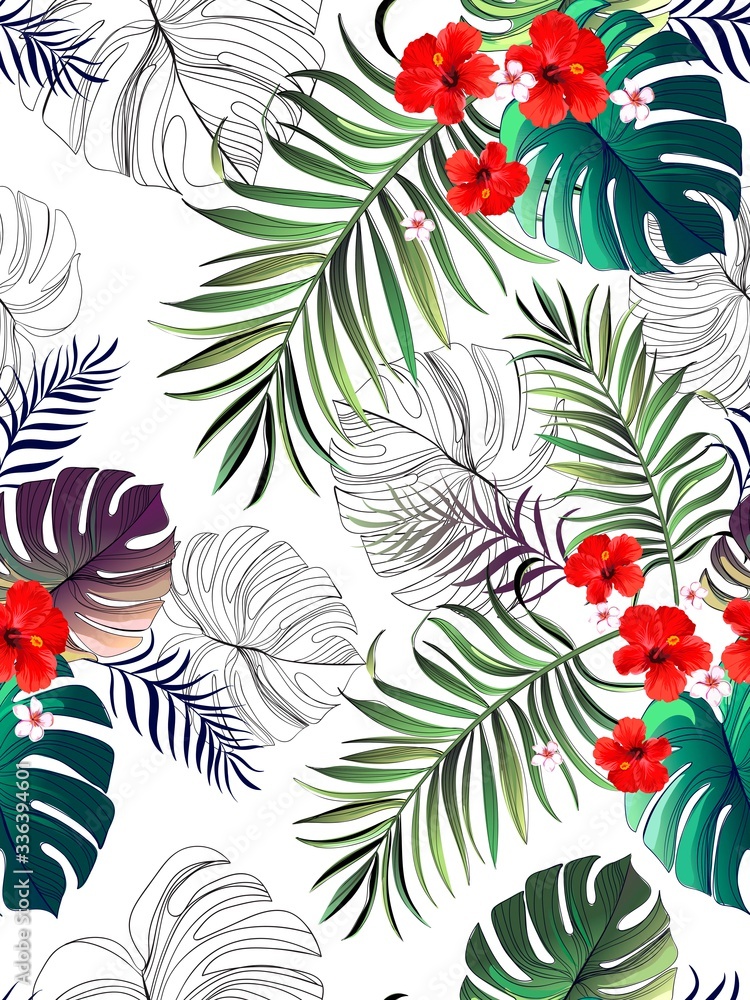 Fotobehang Tropische Bladeren Vector tropical pattern with hibiscus flowers and exotic palm leaves. Trendy summer background. Summer floral illustration. #336394601