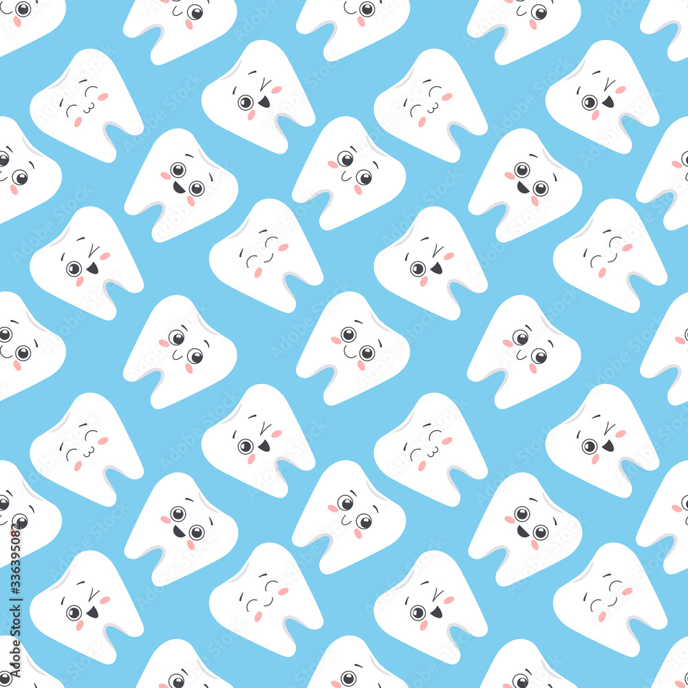 Seamless pattern with a cute kawaii cartoon tooth with faces. Vector illustration Seamless pattern with a cute kawaii cartoon tooth with faces. Vector illustration