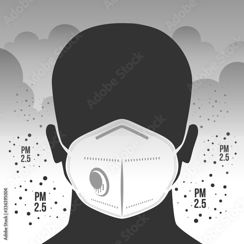 air pollution concept with Dust masker sign in PM 2.5 dust clouds and smoke vector design