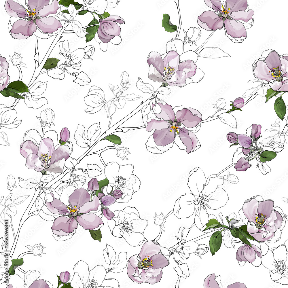 Branches with flowers apple blossom and green leaves on white background. Floral seamless pattern. Hand drawn. For textile, wallpapers, print, wrapping paper. Vector stock illustration.