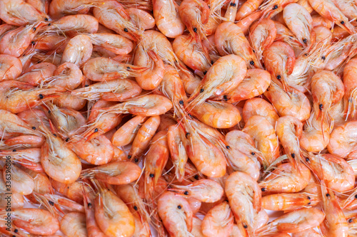 Boiled shrimps on white background. macro