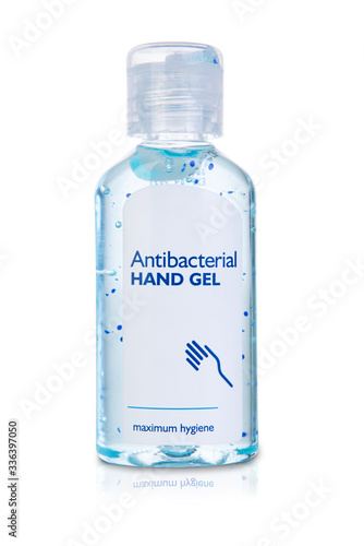 Bottle of instant antibacterial hand sanitizer transparent gel isolated on white background, included clipping path