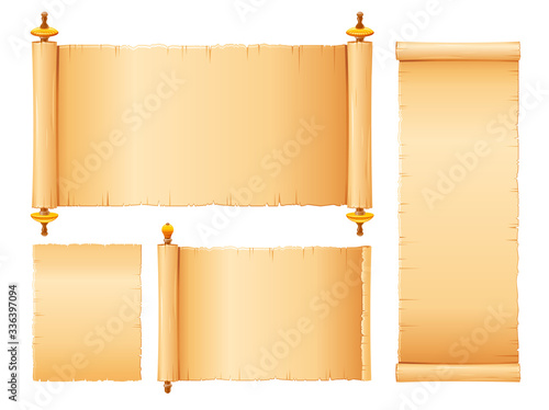Papyrus scroll set, parchment paper with old texture, vector banner isolated on white background. Vintage roll with wooden handles for map, old, bible, medieval letter. Ancient papyrus scroll
