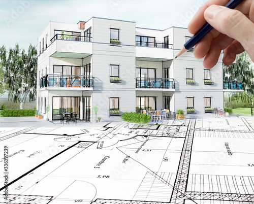 Concept dessin 3D d'un petit immeuble résidence moderne avec balcon et jardin