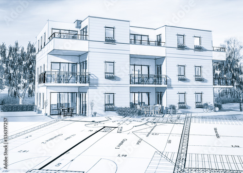 Esquisse 3D avec plan d'un petit immeuble résidence moderne avec balcon et jardin