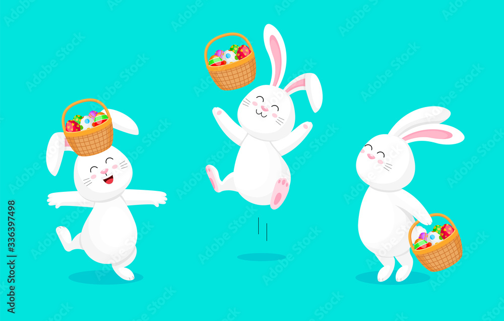 White rabbit holding Easter egg basket.  Jumping and dancing. Cute bunny. Happy Easter day, cartoon character design. Illustration isolated on blue background.