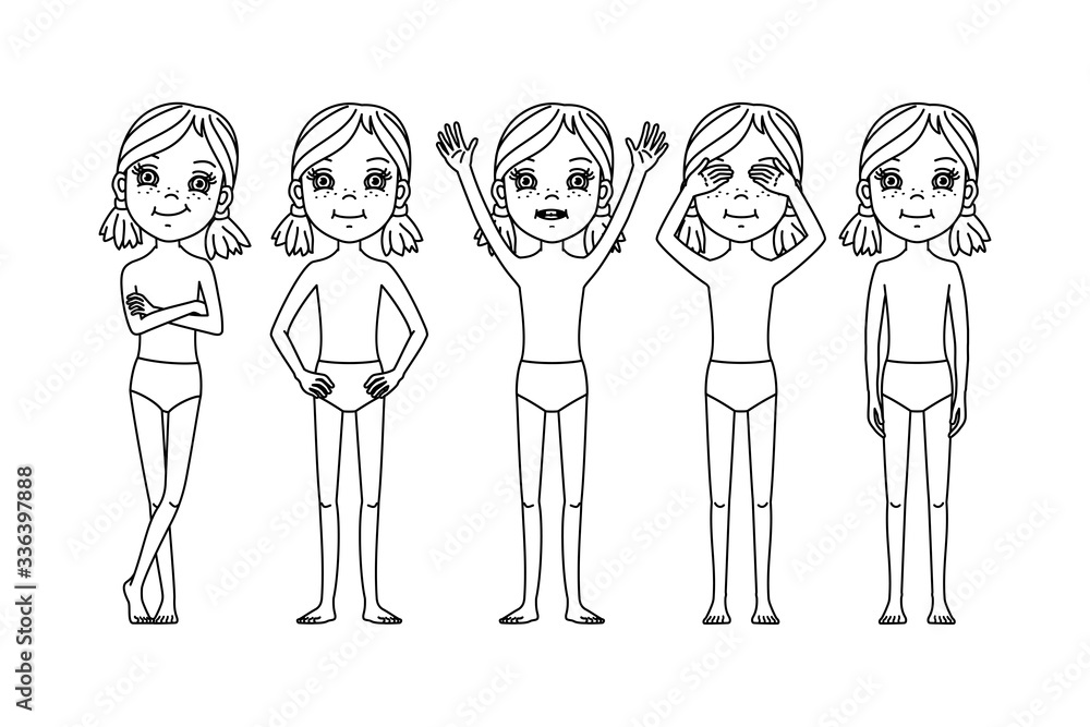 vector cartoon girl character, isolated posing set vector cartoon girl character, isolated posing set