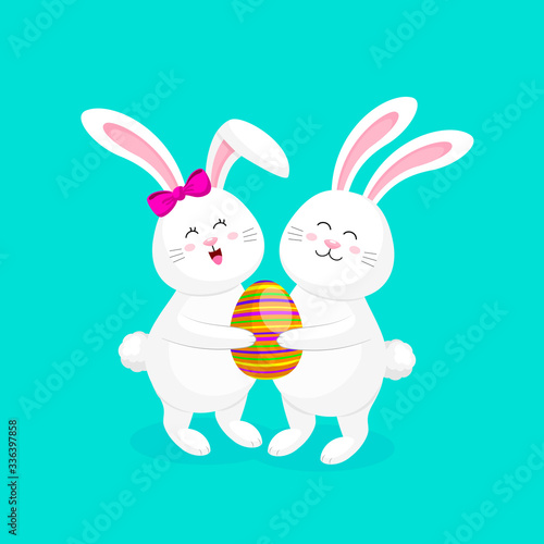 White rabbit with Easter eggs. Cute bunny. Cartoon character design, vector illustration isolated on blue background.