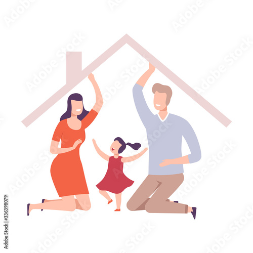 Parents and Their Daughter at Home, Happy Father and Mother Holding Up the Roof Frame Vector Illustration