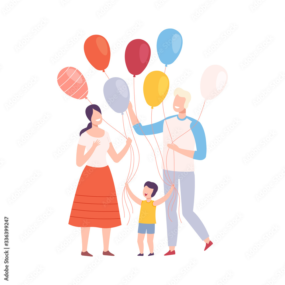 Happy Family with Colorful Balloons, Mother, Father and their Son Walking Together or Celebrating Holiday Vector Illustration Happy Family with Colorful Balloons, Mother, Father and their Son Walking Together or Celebrating Holiday Vector Illustration