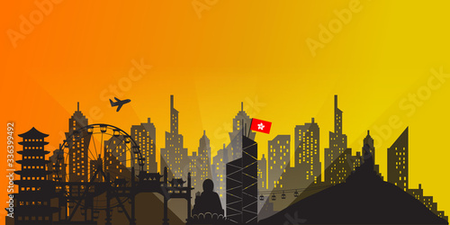 Hongkong Travel postcard, poster, tour advertising of world famous landmarks in paper cut style. Vectors illustrations