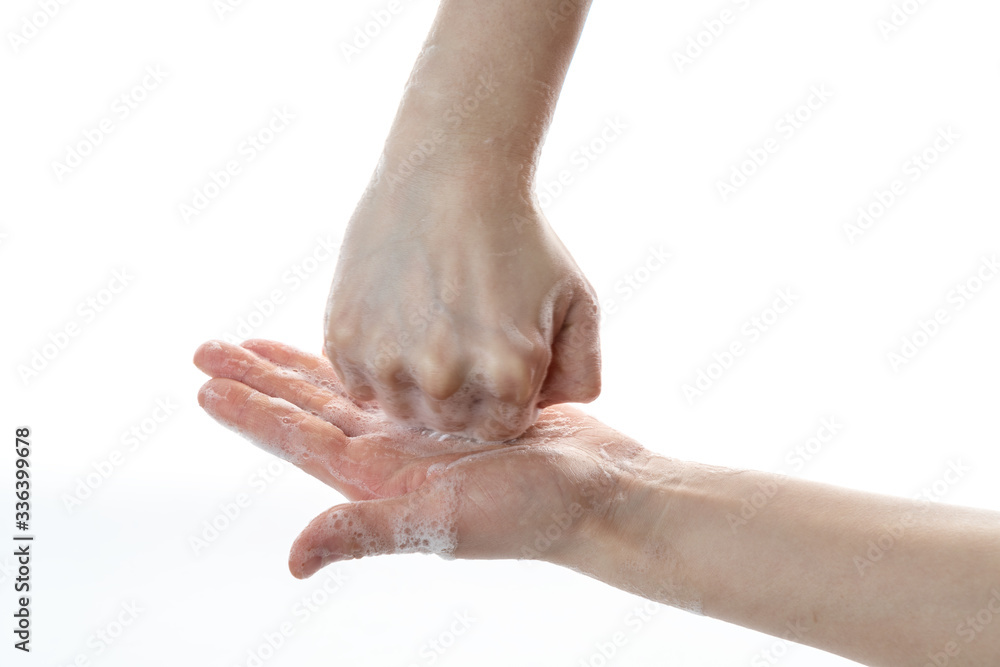 Fototapeta premium Standard action for hand washing with foam disinfectant hand sanitizer