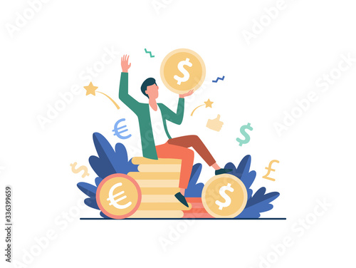Happy businessman earning money flat vector illustration. Cartoon millionaire or banker holding huge coin. Finance growth and market concept