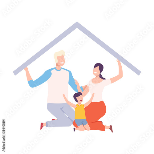Mother, Father and Their Son at Home, House Frame with Happy Family Sitting Inside and Holding Up the Roof Vector Illustration