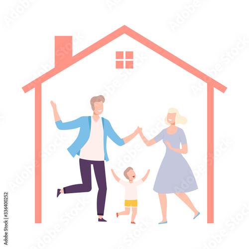 Mother, Father and Their Son Having Fun at Home, House Frame with Happy Family Inside Vector Illustration