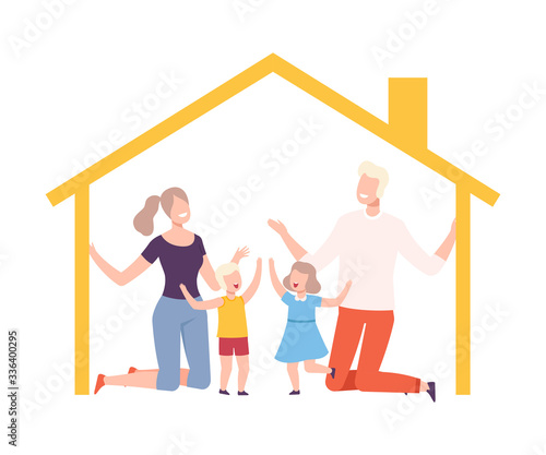 Mother, Father and Their Kids at Home, House Frame with Happy Family Inside Vector Illustration