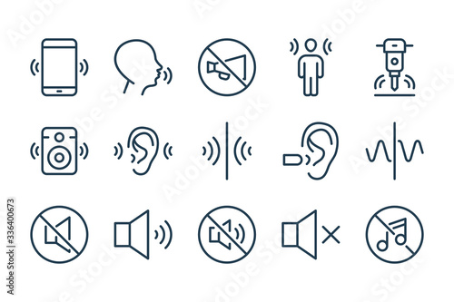 Noise and Sound pollution line icons. Loud sound and Echo vector linear icon set. photo