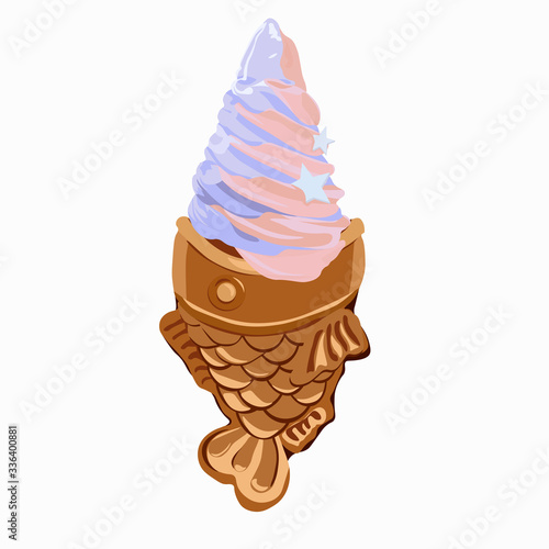 Vector stock illustration of japanese taiyaki. Korean dessert fish pie with fillings. Asian dessert.Cartoon hand drawn Japanese or Korean street food and snack, Asian food icon. Great for menu design.