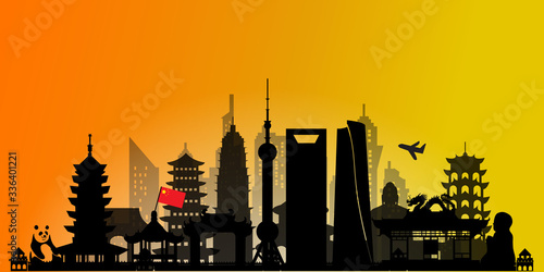 China Travel postcard, poster, tour advertising of world famous landmarks in paper cut style. Vectors illustrations