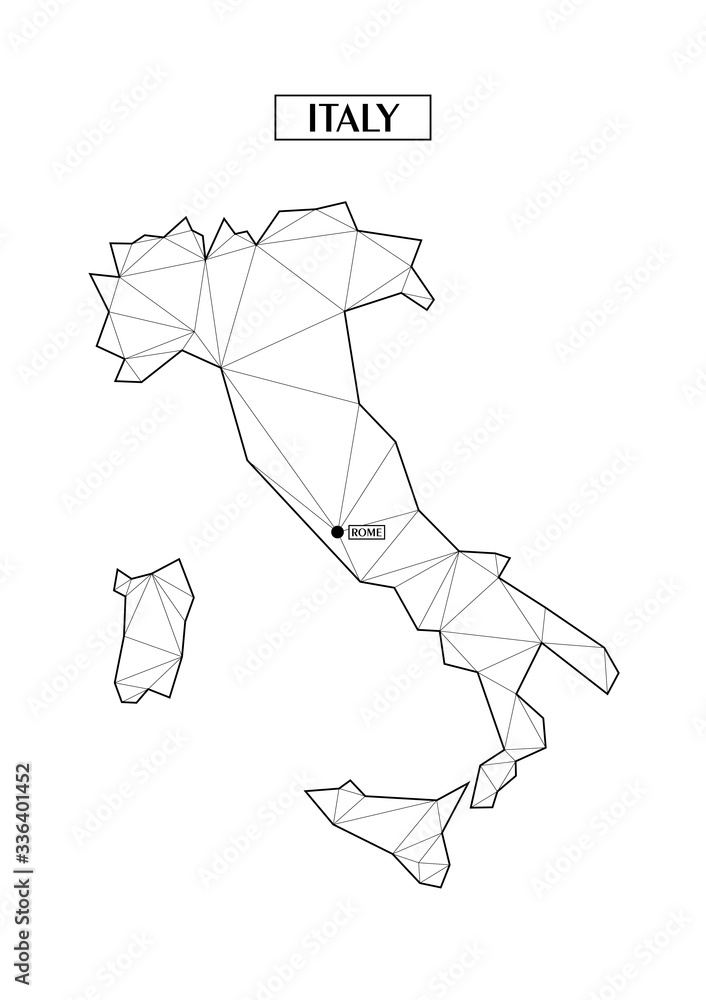 Polygonal abstract map of Italy with connected triangular shapes formed from lines. Capital of city - Rome. Good poster for wall in your home. Decoration for room walls. Polygonal abstract map of Italy with connected triangular shapes formed from lines. Capital of city - Rome. Good poster for wall in your home. Decoration for room walls.