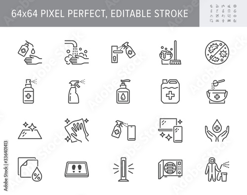 Disinfection line icons. Vector illustration included icon as spray bottle, floor cleaning mop, wash hand gel, autoclave uv lamp outline pictogram for housekeeping 64x64 Pixel Perfect Editable Stroke