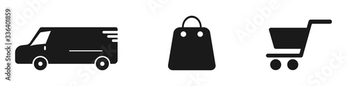 Home delivery of online shopping. Delivery van, car, bag, basket take home. Online shopping. Vector illustration. EPS 10