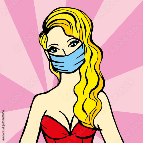 Pop art portrait of sexy pretty blonde girl in a medical mask with long hair and seductive breasts. Nice nurse, doctor. Protective face mask. Colorful bright women on pink background. 