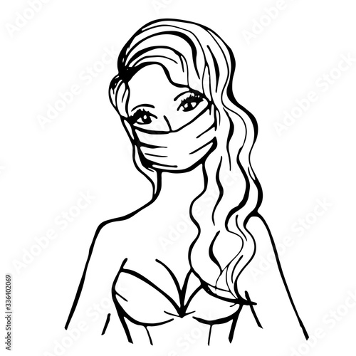 Sexy beautiful girl in a medical mask with long hair and seductive breasts. Nice nurse, doctor. Protective face mask. Coronavirus pandemic, health care concept. Black line isolated.