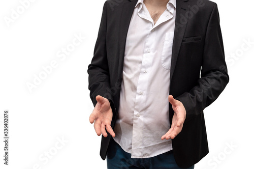 Fotografi Young man in a disheveled business suit makes a gesture with his hands close-up
