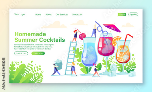 Landing page concept about making homemade summer cocktails. Flat people characters, bartender, making bright and tasty cocktails using the bartender’s tools. DIY homemade cocktail recipes. 