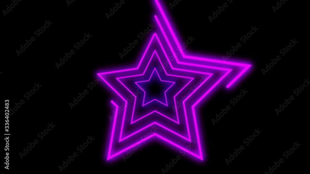 Neon lines stars shape drawning on with full loop-ready rotation. Purple colored bright lines on black background. Neon lines stars shape drawning on with full loop-ready rotation. Purple colored bright lines on black background.